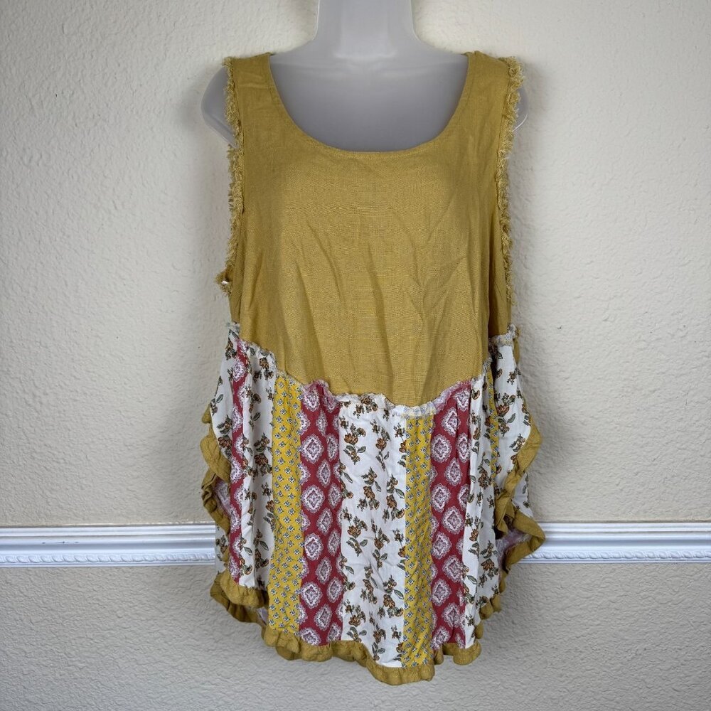 Umgee Women's Large Mini Dress Patch Work Ruffle Mustard Linen Blend Boho